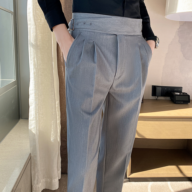 Pantalon de Costume Homme Style Britannique Taille Haute Décontracté avec Ceinture Coupe Slim pour Bureau, Soirée, Mariage et Cérémonie