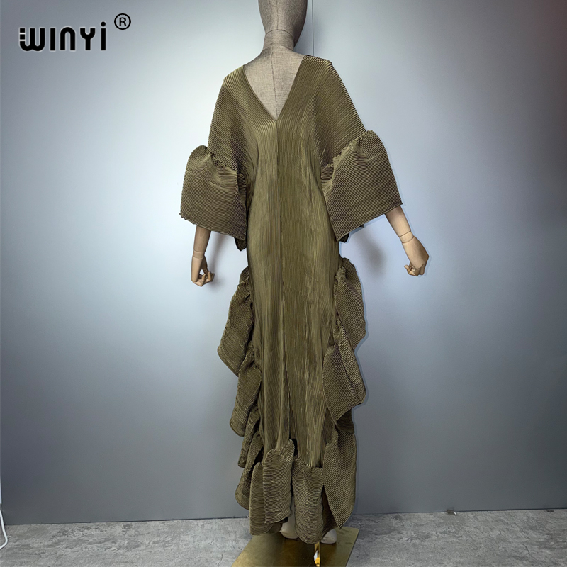 WINYI Robe Kaftan Maxi Bohème Style Moyen-Orient Élégante Plissée Robe de Plage Dubaï Abaya Robe de Soirée de Luxe Élastique