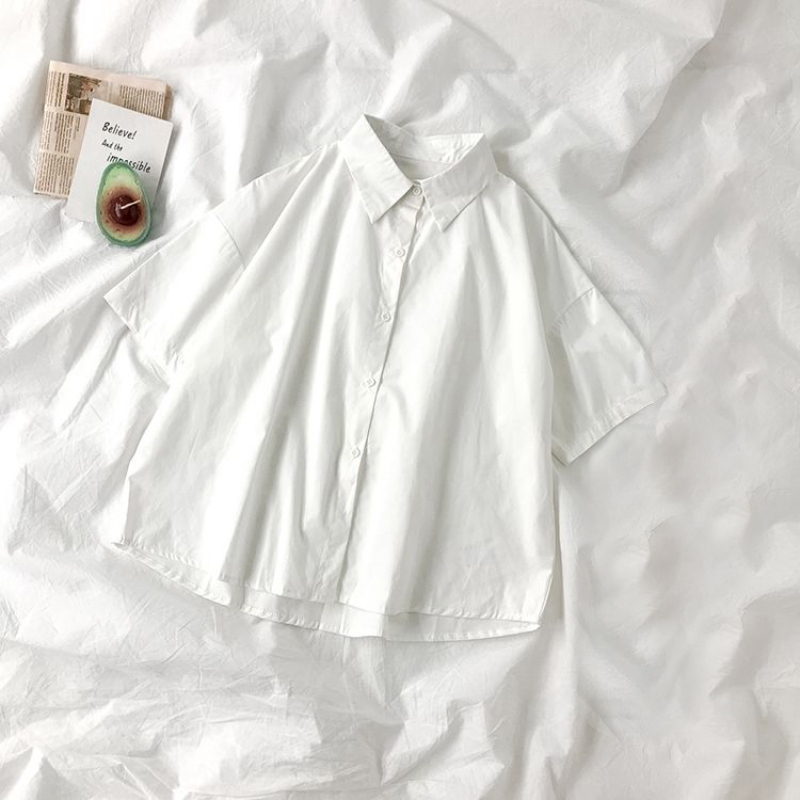 Chemises blanches pour femmes, cravate noire, Style japonais, pour étudiantes Preppy, chemisier pour filles JK, Simple, solide, ample, hauts d'été à boutons, nouveau