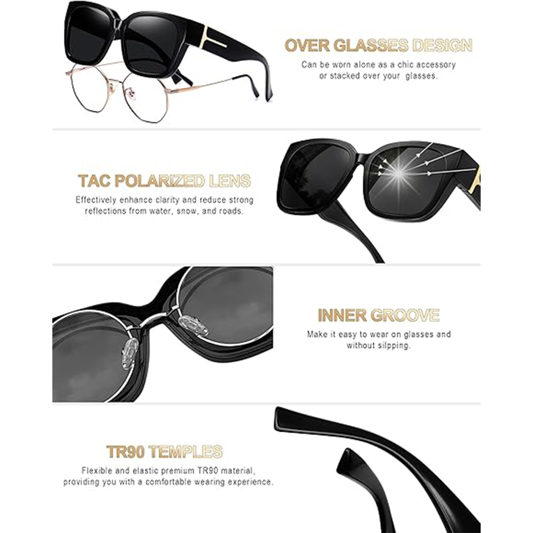 Lunettes de soleil polarisées à porter par-dessus les lunettes de vue pour femmes, protection UV, lunettes tendance carrées enveloppantes pour la conduite et l'équitation