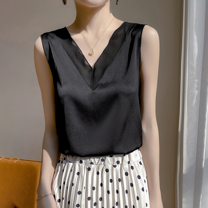 Débardeur sans manches en Satin et soie pour femme, haut à bretelles, col en V, basique, blanc, été