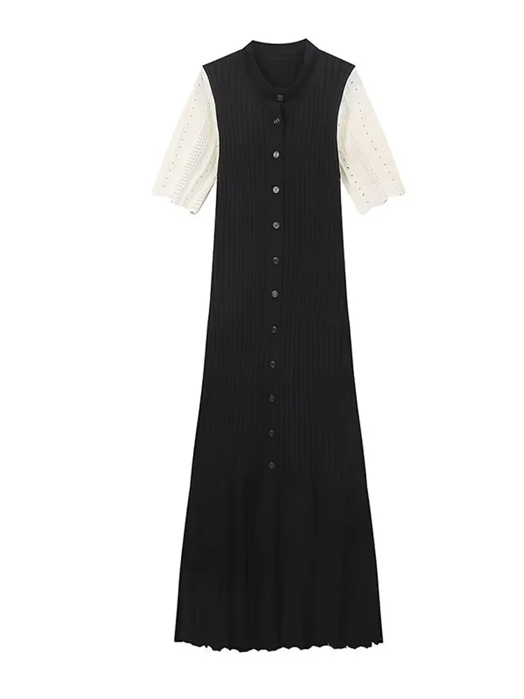 Robe longue tricotée pour femmes, élégante, col rond, décontractée, couleur unie, manches courtes, boutons, taille haute, mode féminine