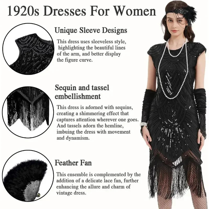Robes des années 1920 pour femmes, robe à clapet en dentelle, bandeau en plumes, paillettes, perles, franges, accessoires des années 20, Costume de mafia Vintage