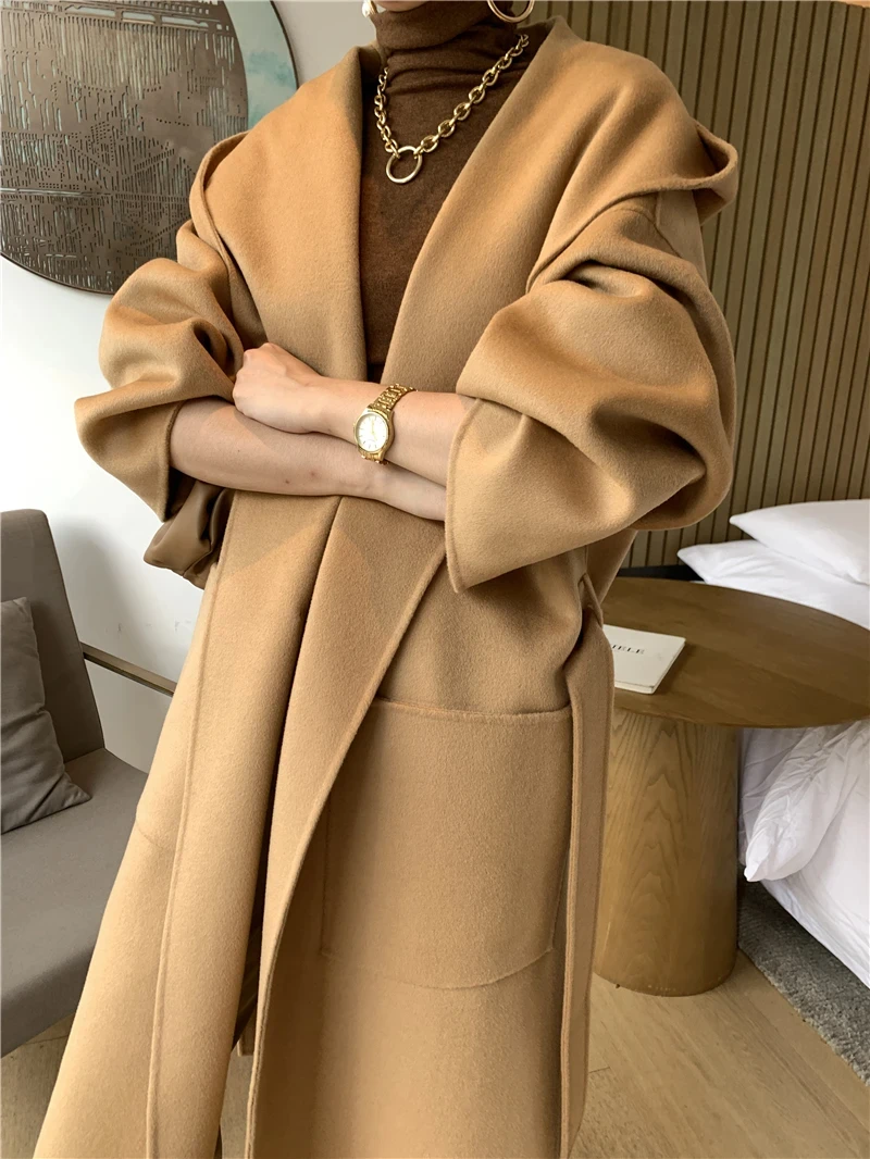 Manteau en Coton et Cachemire Double Face à Capuche Mi-Long pour Femme, Collection Automne-Hiver 2026, 100% Laine, Coupe Ample et Épaisse