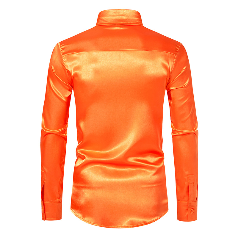Chemise en satin à manches longues pour hommes, chemise habillée décontractée, bleu, orange, rouge, noir, blanc, jaune, fête de mariage, boîte de nuit, chemisier à la mode