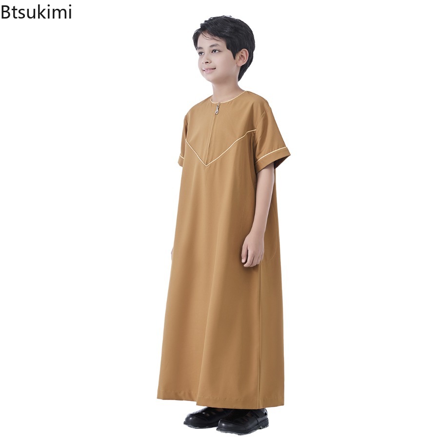 Robe musulmane saoudienne pour garçons, Dishdasha, Abaya, Kaftan, vêtements de prière islamiques, Thobe à manches courtes, tenue pour adolescents du Moyen-Orient, Dubaï