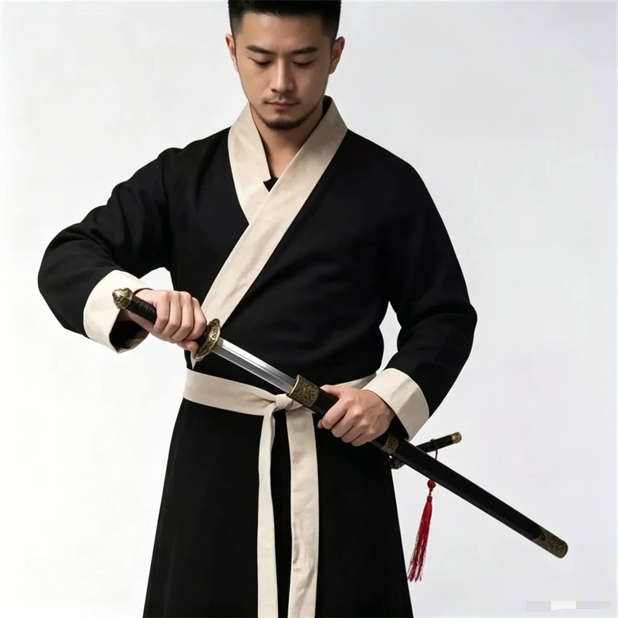 Robe longue Hanfu noire à col croisé pour homme, costume vintage d'arts martiaux, robe de style chinois en mélange de lin avec ceinture assortie