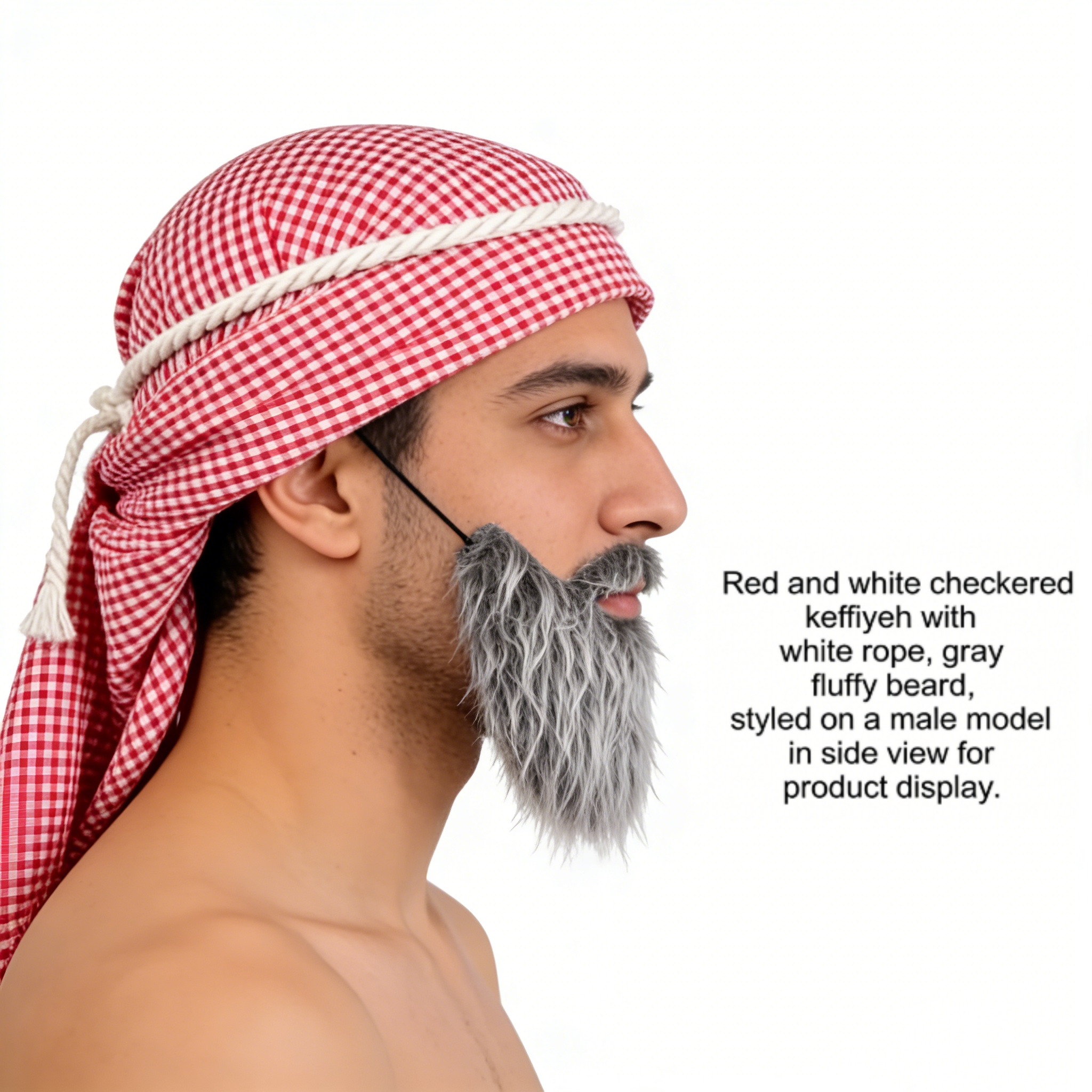 Ensemble de costume arabe pour homme, foulard Keffiyeh à carreaux rouge et blanc + fausse barbe grise, kit d'accessoires de cosplay pour Halloween, fête, carnaval