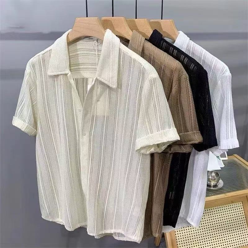 Hauts pour hommes chemise creuse à manches courtes hommes été mince à la mode beau français léger luxe drapé chemises hawaïennes