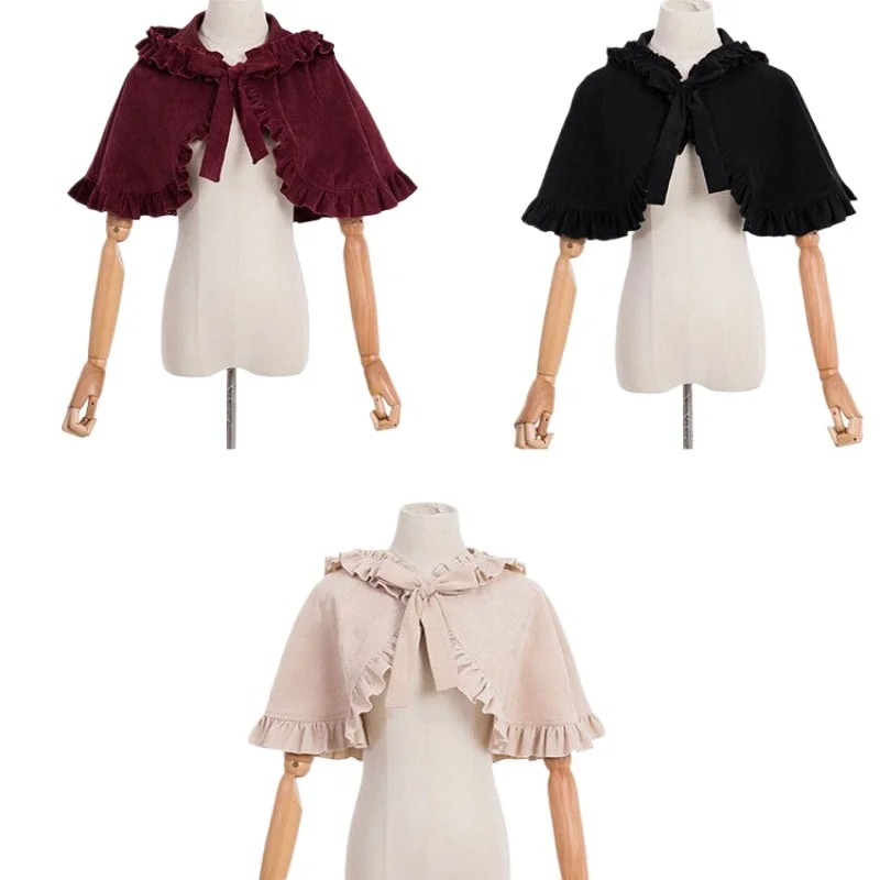 Lolita Everak-Robe Courte Attachée avec Petit Costume d'Équitation Rouge pour Femme, Cape, Capuche, Châle, Noeud Doux à Volants pour Étudiantes, Automne et Hiver
