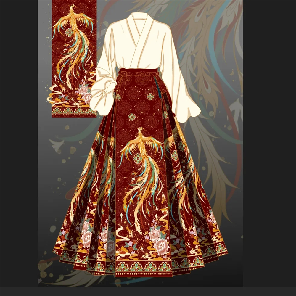 Hanfu Phoenix-Jupe Visage de Cheval pour Femme, Jupes Originales, Style Chinois Classique Trempé de Toast, Ventes de Vêtements, Nouveau