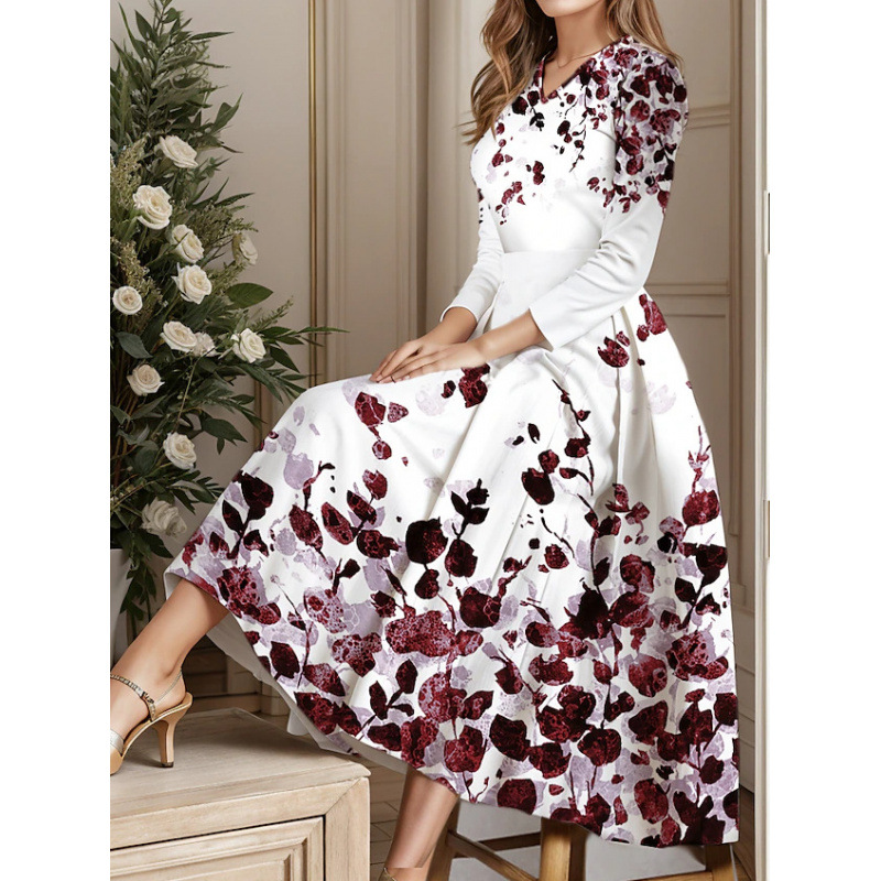 Robes pour femmes 2026 à imprimé floral, col en V, manches trois-quarts, décontractées, coupe évasée mi-mollet, vêtements pour femmes, vestidos