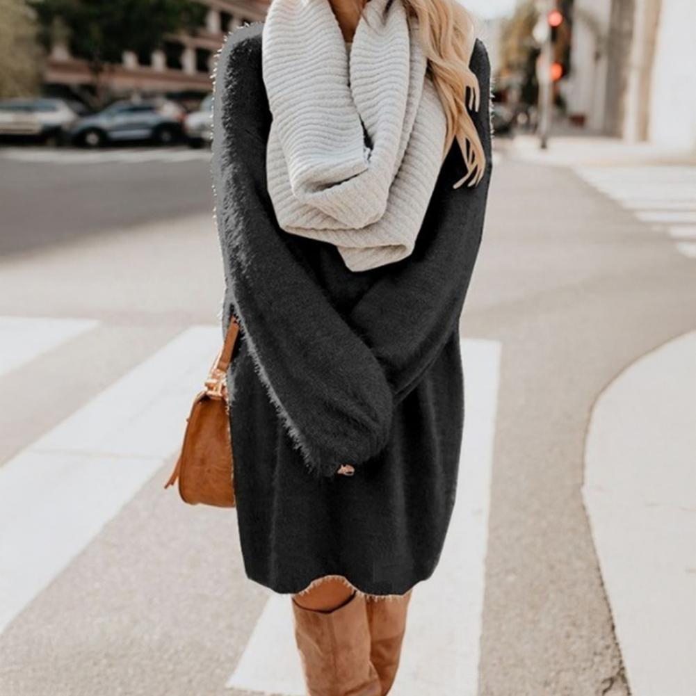 Robe pull en fourrure pour femmes, pull ample et pelucheux, hauts longs, ample, col rond, mode automne, Mini robe courte