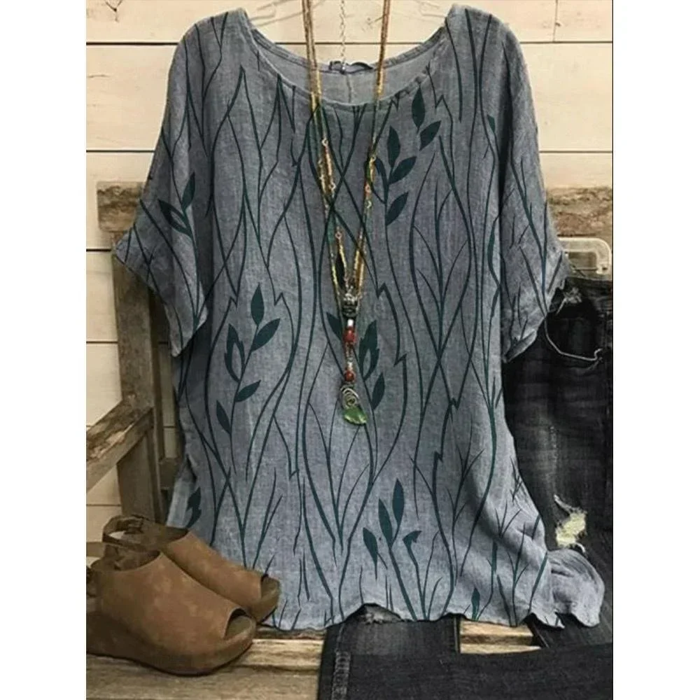 Femmes grande taille 1XL-8XL décontracté haut ample chemises feuilles imprimé Blouse T-shirt dames mode Vintage Blouse demi manches T-shirt