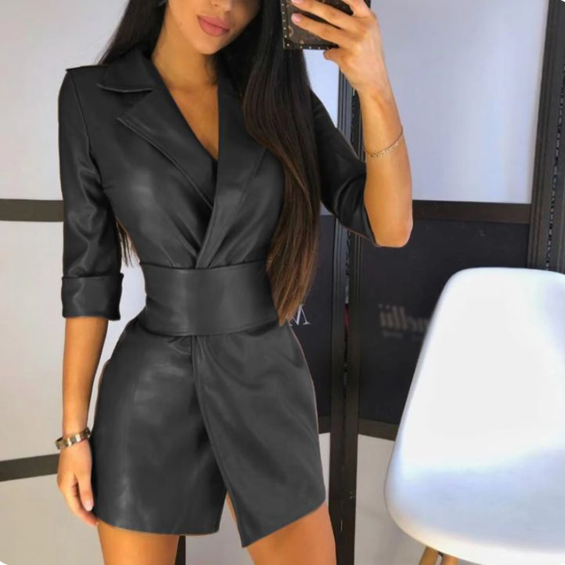 Robe en cuir PU mi-longue à col en V pour femmes avec ceinture, robes élégantes, fermeture à la taille, tendance, rabattable, sexy