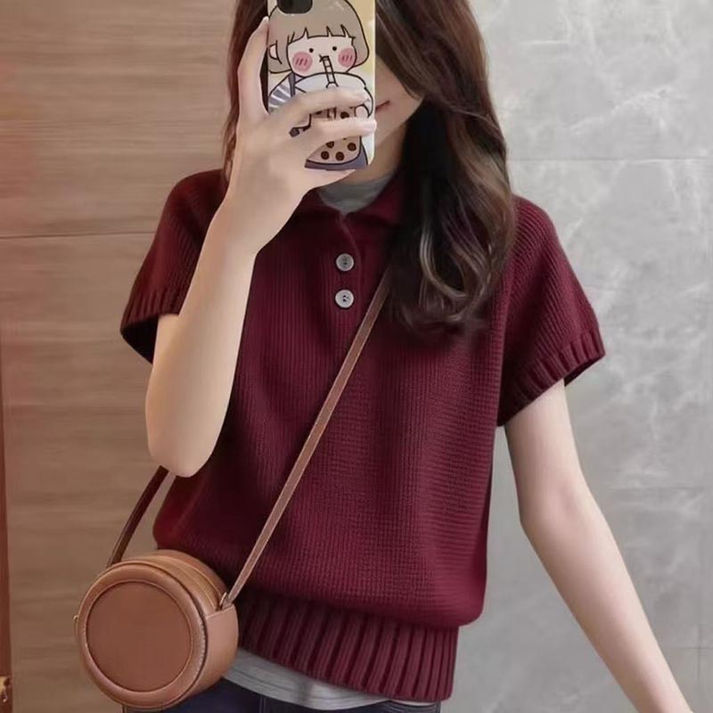 T-shirt en tricot uni vintage pour femme, col rabattu boutonné, manches courtes, pull tendance été, style Y2K