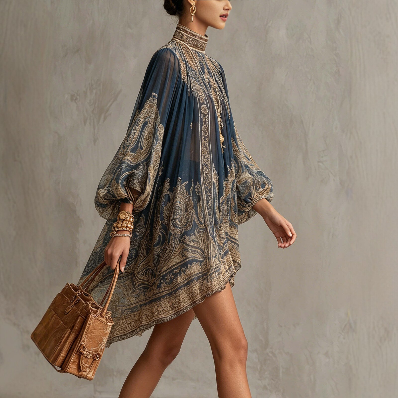 Robe longue en mousseline imprimée à col roulé, style décontracté, avec châle, manches longues, pour femme, collection 2026, tendance européenne et américaine