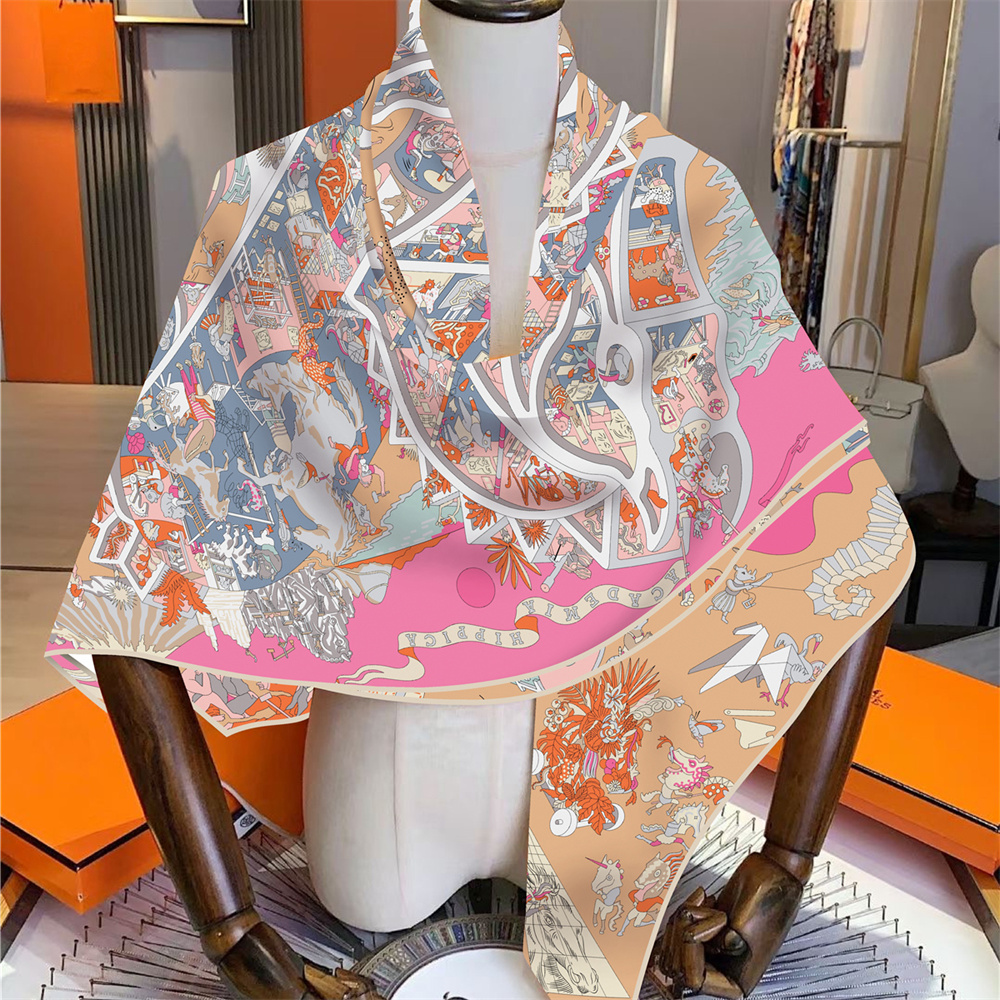 Foulard carré 135 cm en 30 % soie et 70 % cachemire pour femme, imprimé chevaux, bords roulés à la main, grands hijabs, bandanas, écharpes et foulards féminins