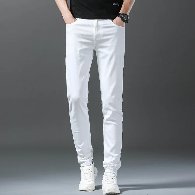 Nouveau jean slim pour homme printemps 2026, 98 % coton, blanc, extensible, coupe droite, décontracté, pantalon crayon tendance, haute qualité, vêtements masculins