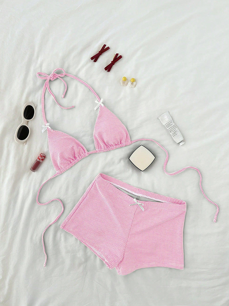 Ensemble bikini à carreaux Circyy pour femme, avec nœud à porter autour du cou, short de plage taille haute, maillot de bain deux pièces pour les vacances, Nouveauté été 2026