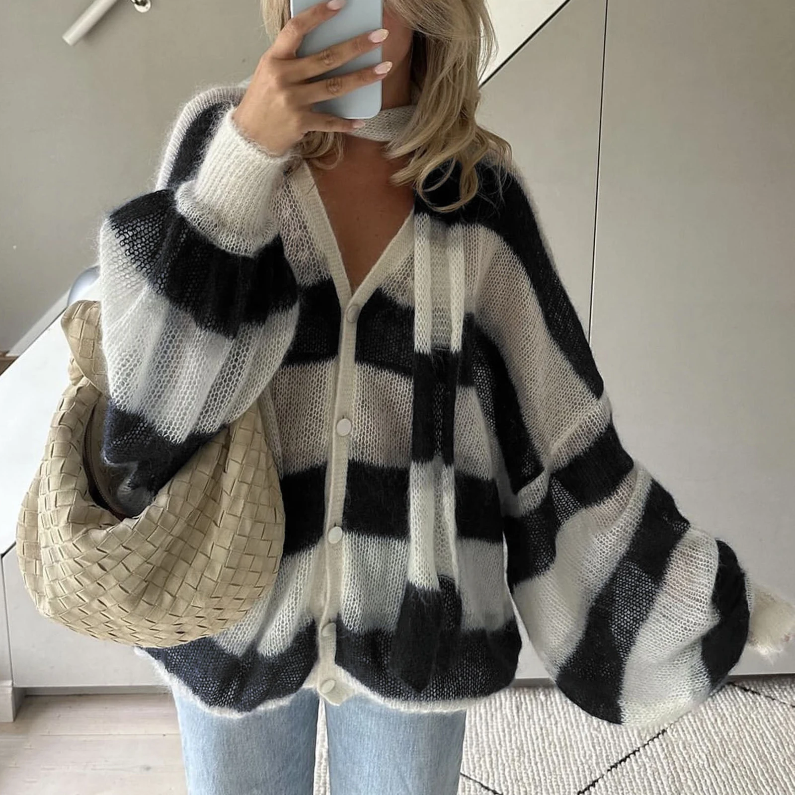 Cardigan à manches lanterne pour femmes, pull rayé avec écharpe, haut rétro pour documents d'abonnés, mode féminine