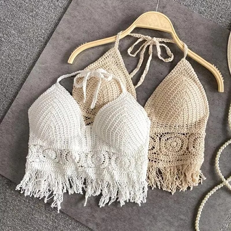 Sexy Boho plage vacances Camisole licou femmes Crochet tricot maillot de bain soutien-gorge dos nu gilet creux gland débardeur femmes hauts courts