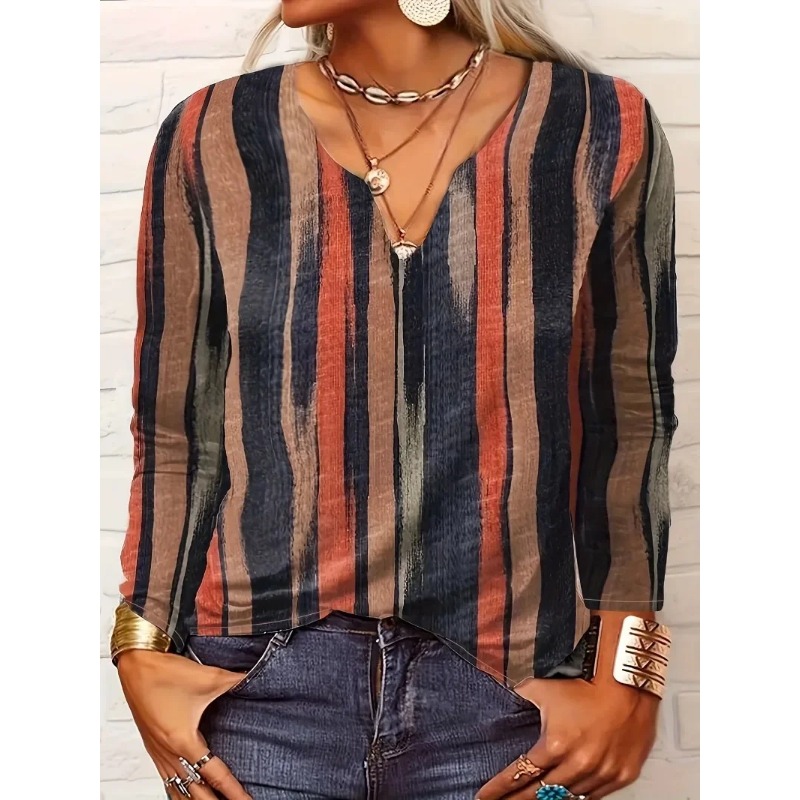 Femmes grande taille 1XL-8XL décontracté confortable à manches longues haut mode col en v rayé respirant T-shirt femmes