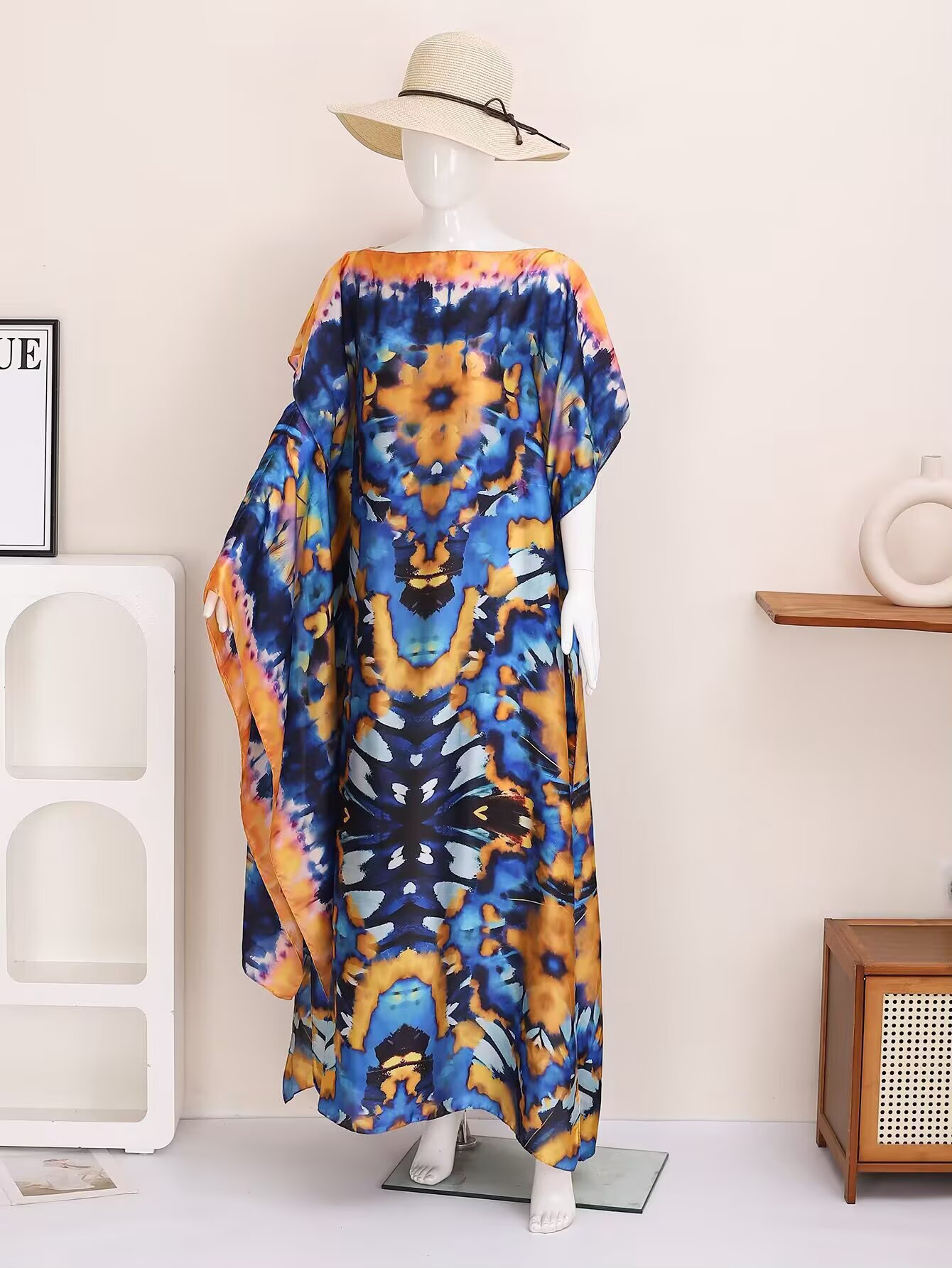 Robe Kaftan en Soie Imprimée Ramadan Plus, Vêtement Africain pour Femmes, Magnifique Robe Maxi à Col Rond et Manches Courtes avec Hijab