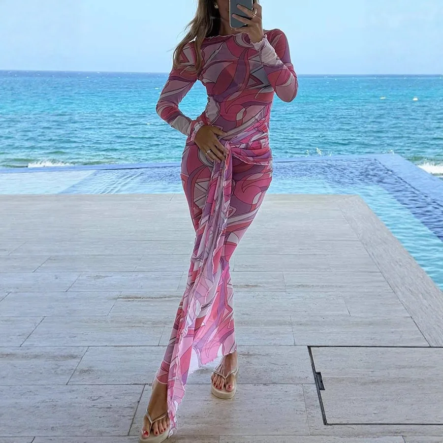 Nouvelle Robe Longue en Maille Imprimée Transparente pour Femme, Style Plage et Vacances, Coupe Ajustée aux Hanches, avec Lacets, Rose Rouge, Maxi Vestidos 2025