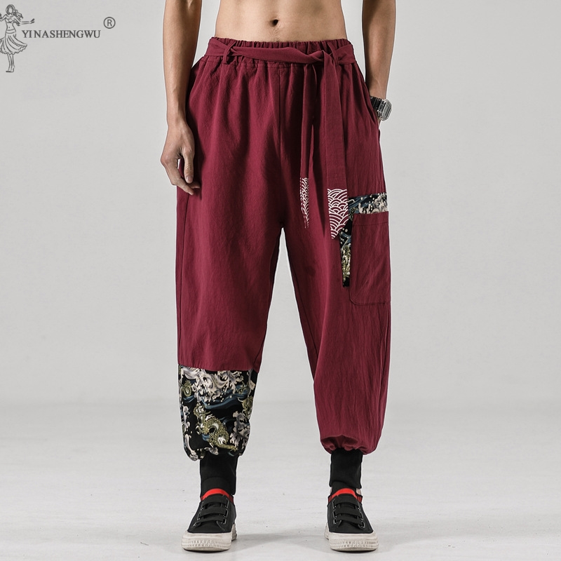 Costume de samouraï en coton et lin pour hommes, kimono japonais, ceinture imprimée Ukiyo-e, sarouel rétro, Haori Baggy, fjHarajuku, Hip Hop
