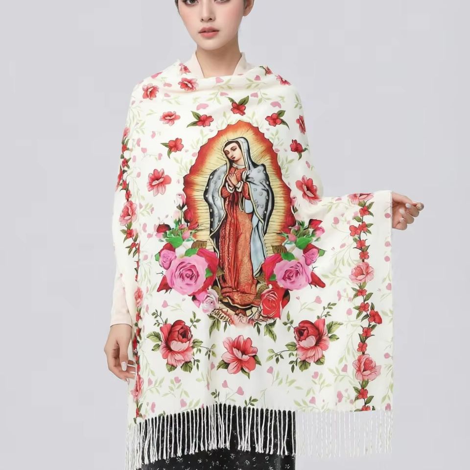 Écharpe imprimée personnalisée de la vierge marie de Guadalupe pour hommes et femmes, écharpe chaude d'hiver et d'automne, châle Saint catholique du mexique, avec pompons