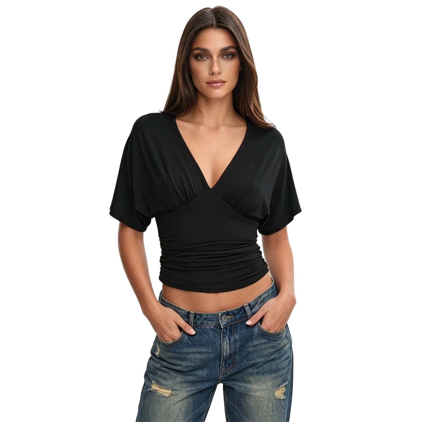 T-shirts décontractés pour femmes à manches courtes, hauts froncés coupe ajustée, col en V, style court d'été, t-shirt court grunge pour femmes, streetwear