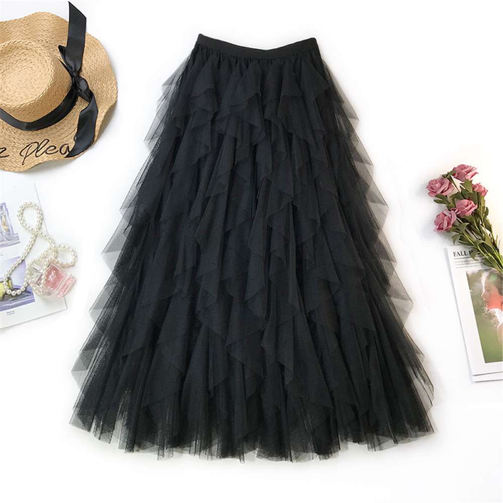 Jupe longue en tulle tutu tendance pour femme, jupe plissée taille haute noire et rose style coréen printemps-été 2022