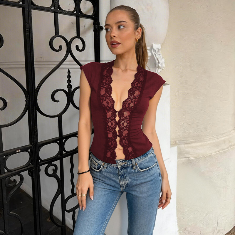 Chemisier Noir Décontracté pour Femme, Col en V Profond, Manches Courtes, Bordure en Dentelle, Fermeture à Crochets sur le Devant, Froncé, Coupe Ajustée, Style Y2K Coquette Gothique Streetwear Élégant