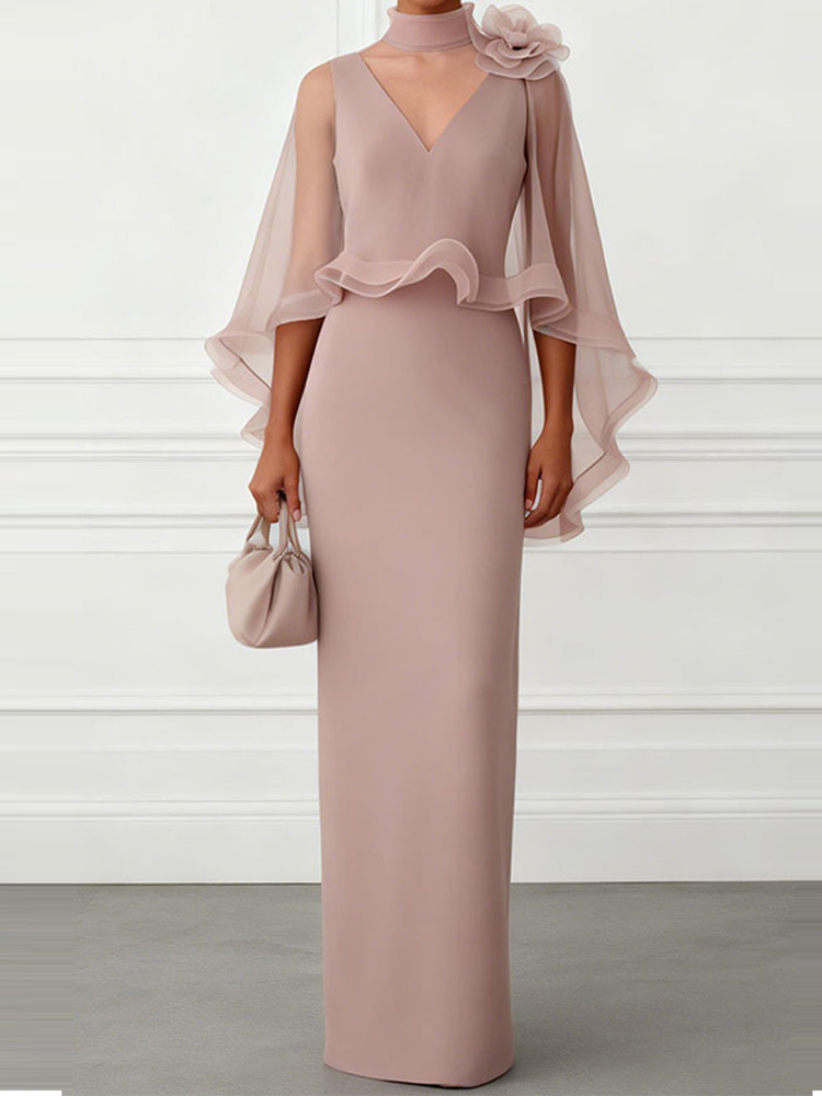 Robe longue sirène élégante pour femme, taille haute, coupe ajustée, col châle sexy, col en V, bordure à volants, couleur unie, pour soirée