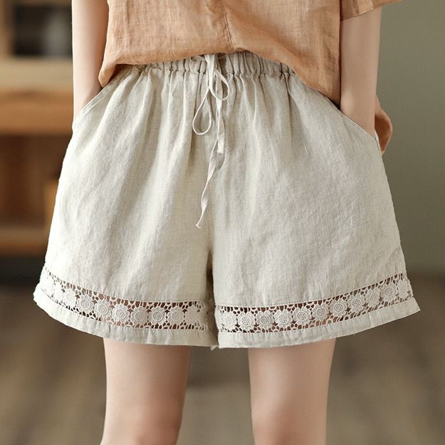 Pantalon court d'été décontracté en lin et coton, dentelle florale, ample, taille élastique, style Boho, vêtements de plage, bas pour femmes