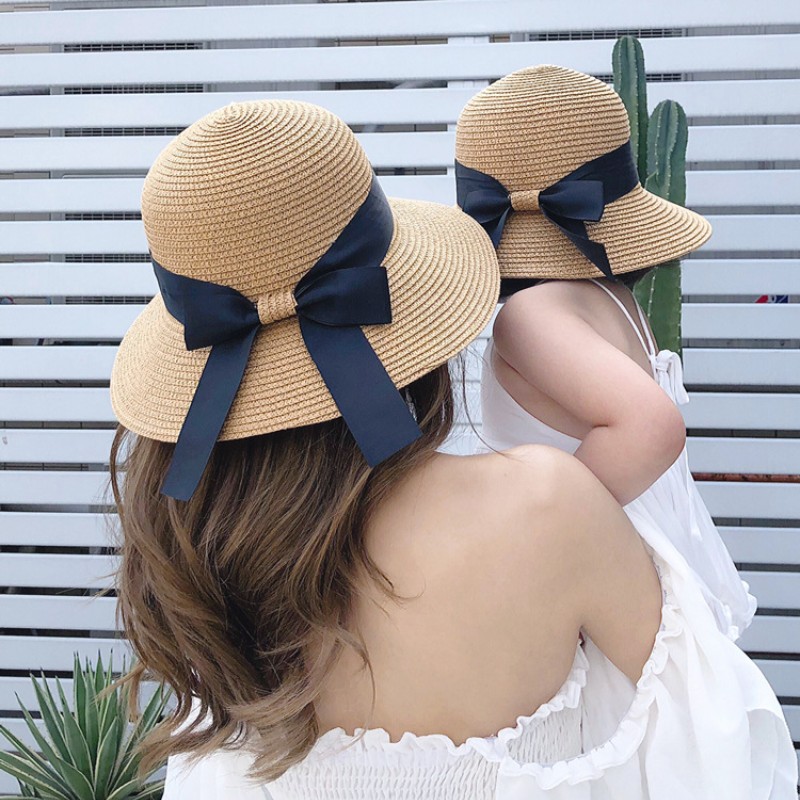 Chapeaux de soleil pliables à nœud papillon pour femmes et filles, chapeau de paille à large bord simple, protection UV extérieure, casquette de plage, femme, parent-enfant