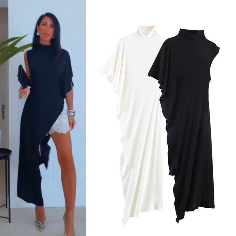 Robe Femme 2026 Nouvelle Collection Printemps-Été Noire Asymétrique à Volants pour Femme Chic Décontractée Personnalité Tendance