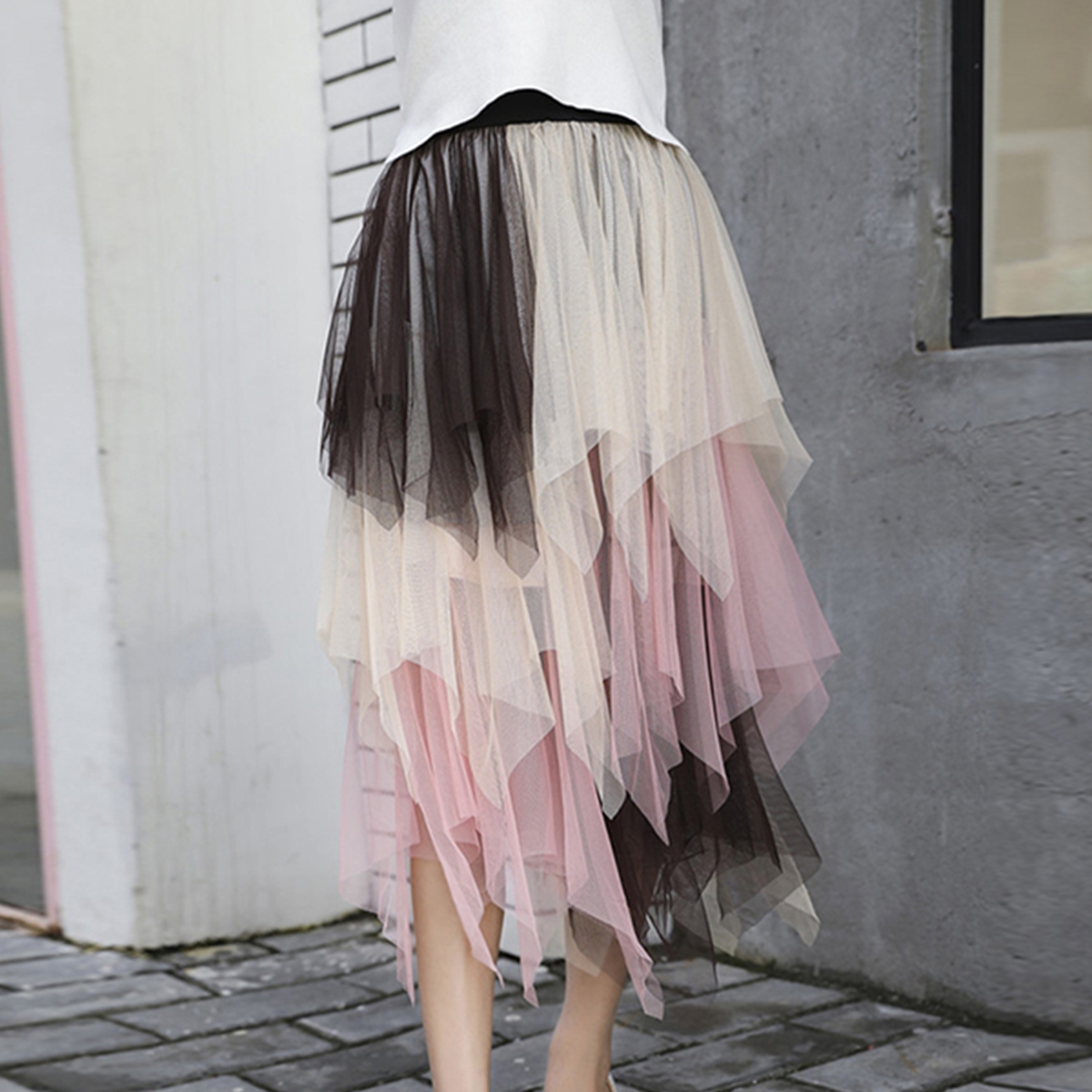 Jupe midi d'automne élégante pour femmes, jupe en tulle à taille élastique adaptée à la fête de rue