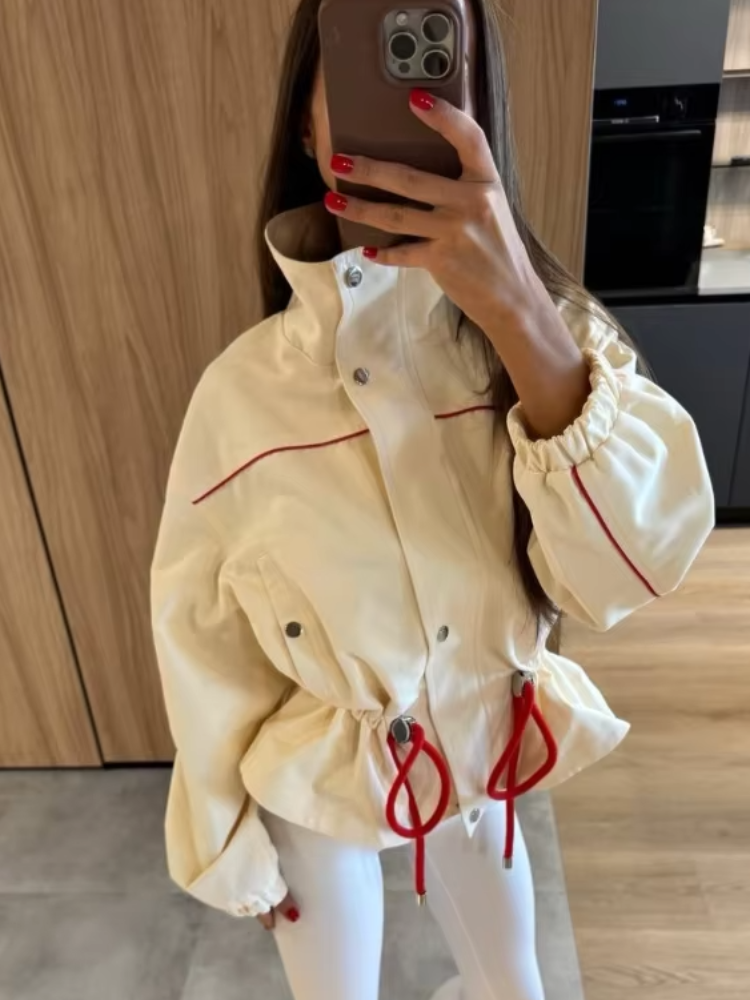 Nouvelle Veste Courte Femme Tendance à Cordon de Serrage, Col Revers, Manches Longues, Simple Boutonnage, Coupe Slim, Printemps Automne 2026, Tenue Quotidienne Urbaine