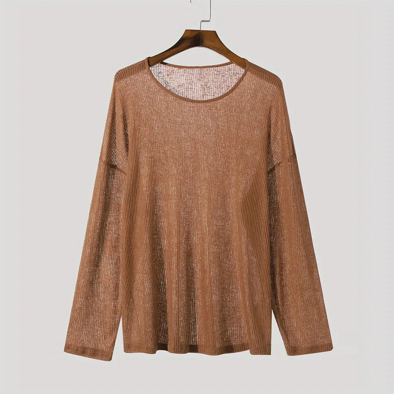 Nouvelle mode américaine hommes T-shirt Sexy transparent col rond à manches longues hauts loisirs KH évider couleur unie pulls S-2XL
