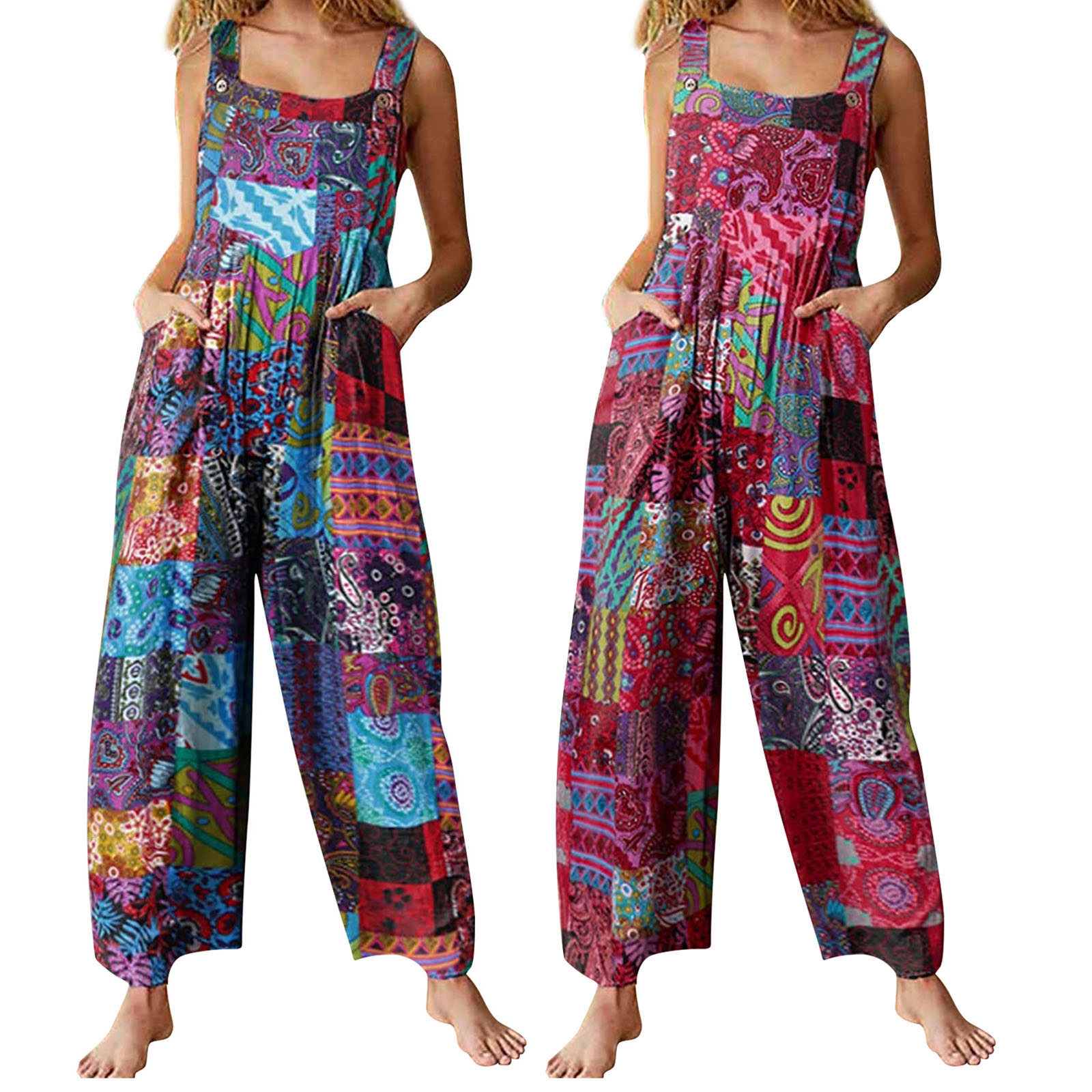 Combinaisons de style ethnique pour femmes, salopette d'été multicolore à col carré, barboteuses en fibre décontractées avec poches pour filles, combishort