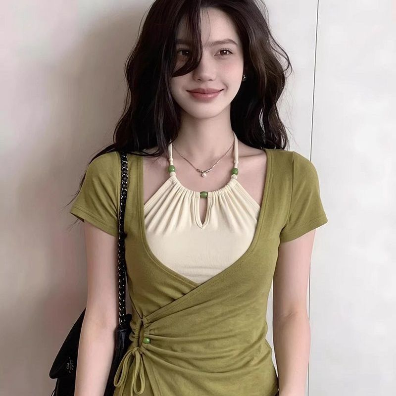 Vêtements pour femmes, nouvelle mode d'été, hauts à lacets, patchwork contrasté, t-shirts à manches courtes, t-shirts élégants irréguliers, mode coréenne