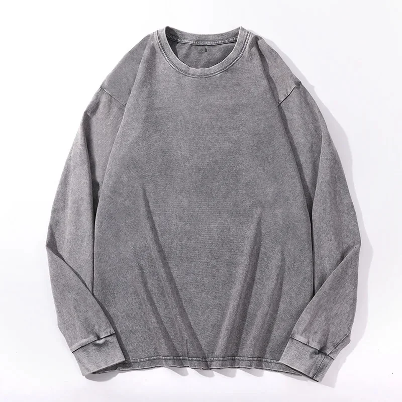 T-shirt délavé unisexe en coton, coupe ample, col rond, style coréen Y2K, décontracté, vintage, à manches longues