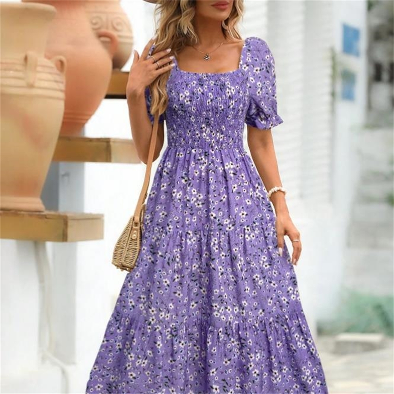 Robe de printemps et d'été pour femmes, jupe florale imprimée, col carré, manches bulles, taille haute, jupe trapèze superposée, Style doux, tendance