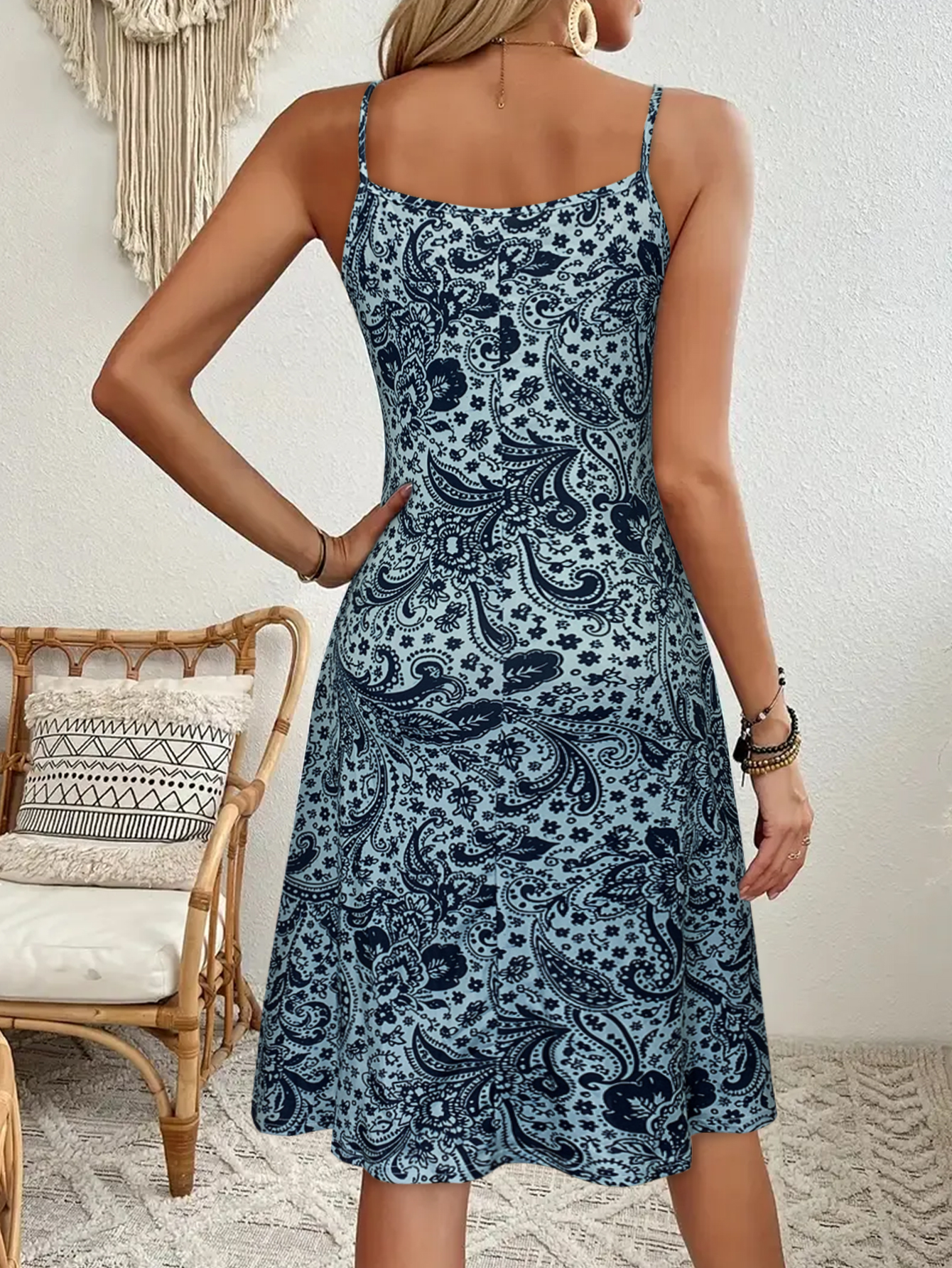 Robe camisole bleue à imprimé cachemire pour femme, robe d'été décontractée à col en V sans manches, coupe évasée pour femme