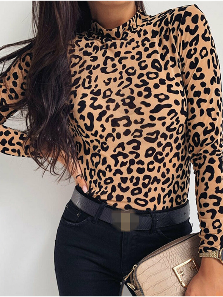 Femmes Blouses mode imprimé léopard col roulé Blouse automne à manches longues chemises fête dames vêtements femmes Blouses et hauts