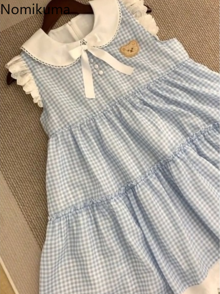 2025 robes De Mujer japonais Robe mignonne pour les femmes broderie ours Patchwork dentelle Robe ample Femme décontracté Chic robes à carreaux