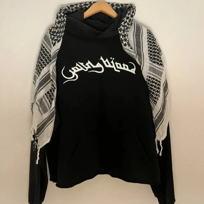 Style arabe esthétique Plaid contraste écharpe sweat à capuche décoratif automne hiver à manches longues lettre impression lâche rue mode manteau