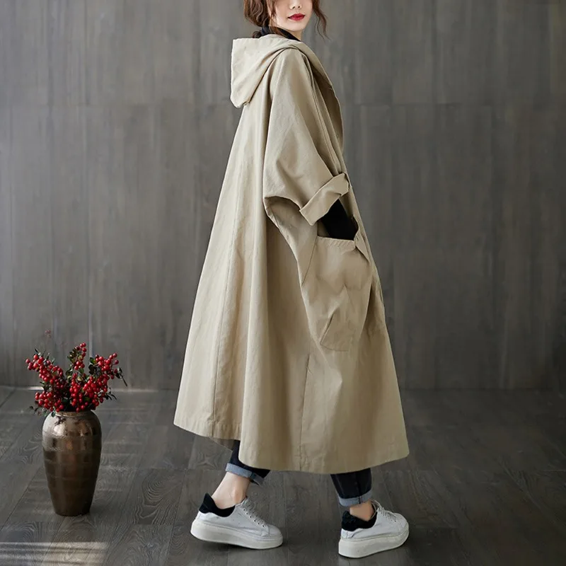 Manteau Long à Capuche pour Femme, Streetwear Décontracté Coréen, Grande Poche, lèvent, Printemps Automne